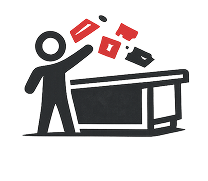 Colorful graphic showing a person throwing garbage into a bin.