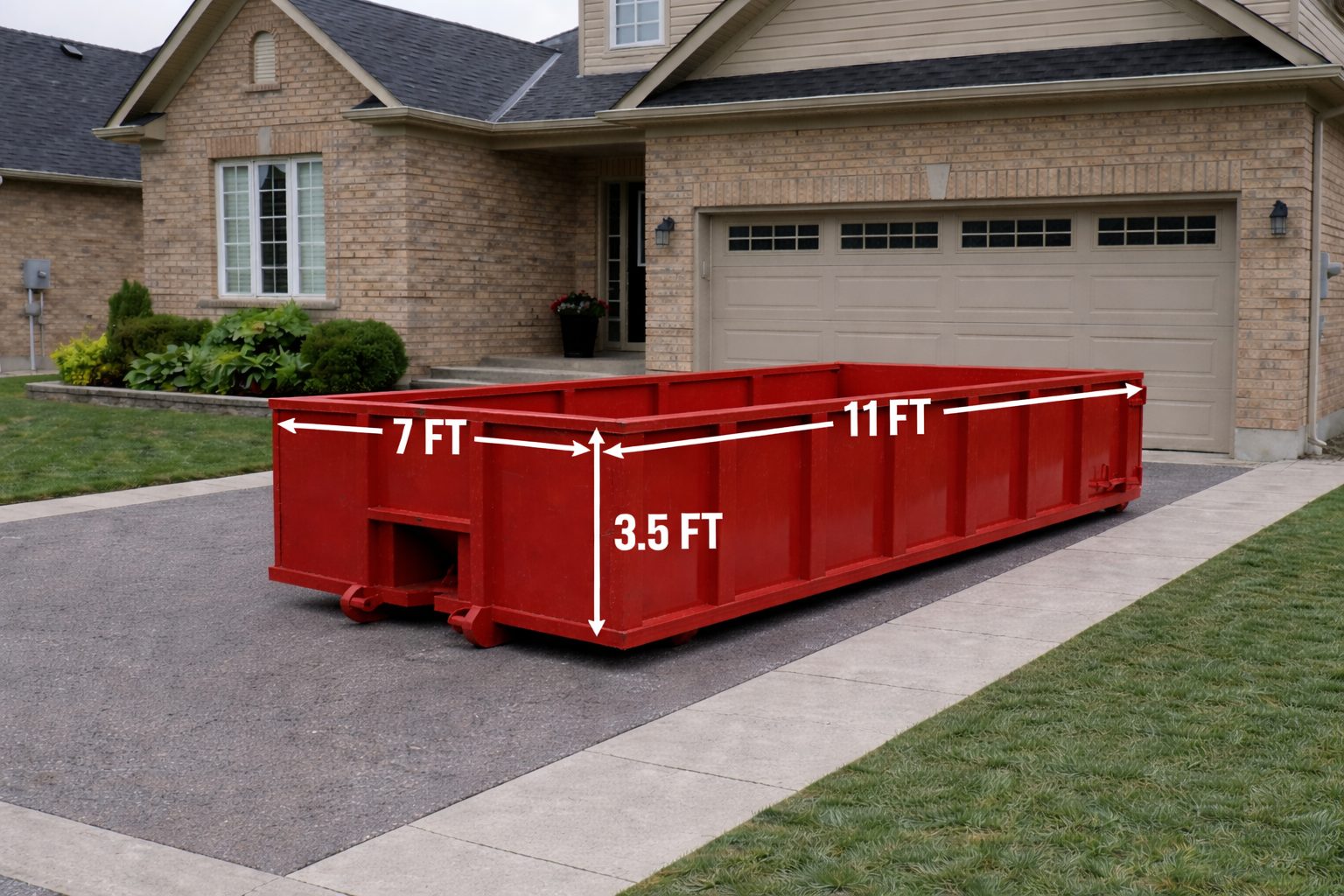 Image of a red Mr. Waste 10 yard roll-off bin sitting nicely along a driveway. The dimensions are clearly labelled on the bin at; 7ft wide, 11ft long, 3.5ft tall.