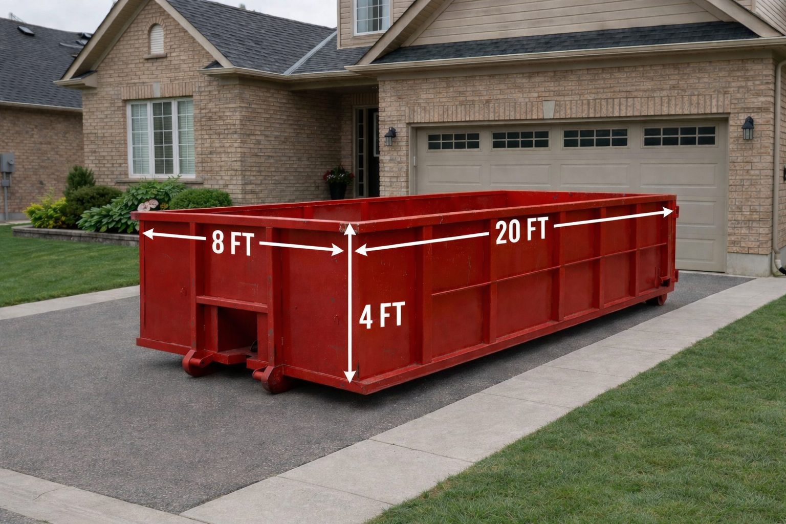 Image of a red Mr. Waste 20 yard roll-off bin sitting nicely along a driveway. The dimensions are clearly labelled on the bin at; 8ft wide, 20ft long, 4ft tall.