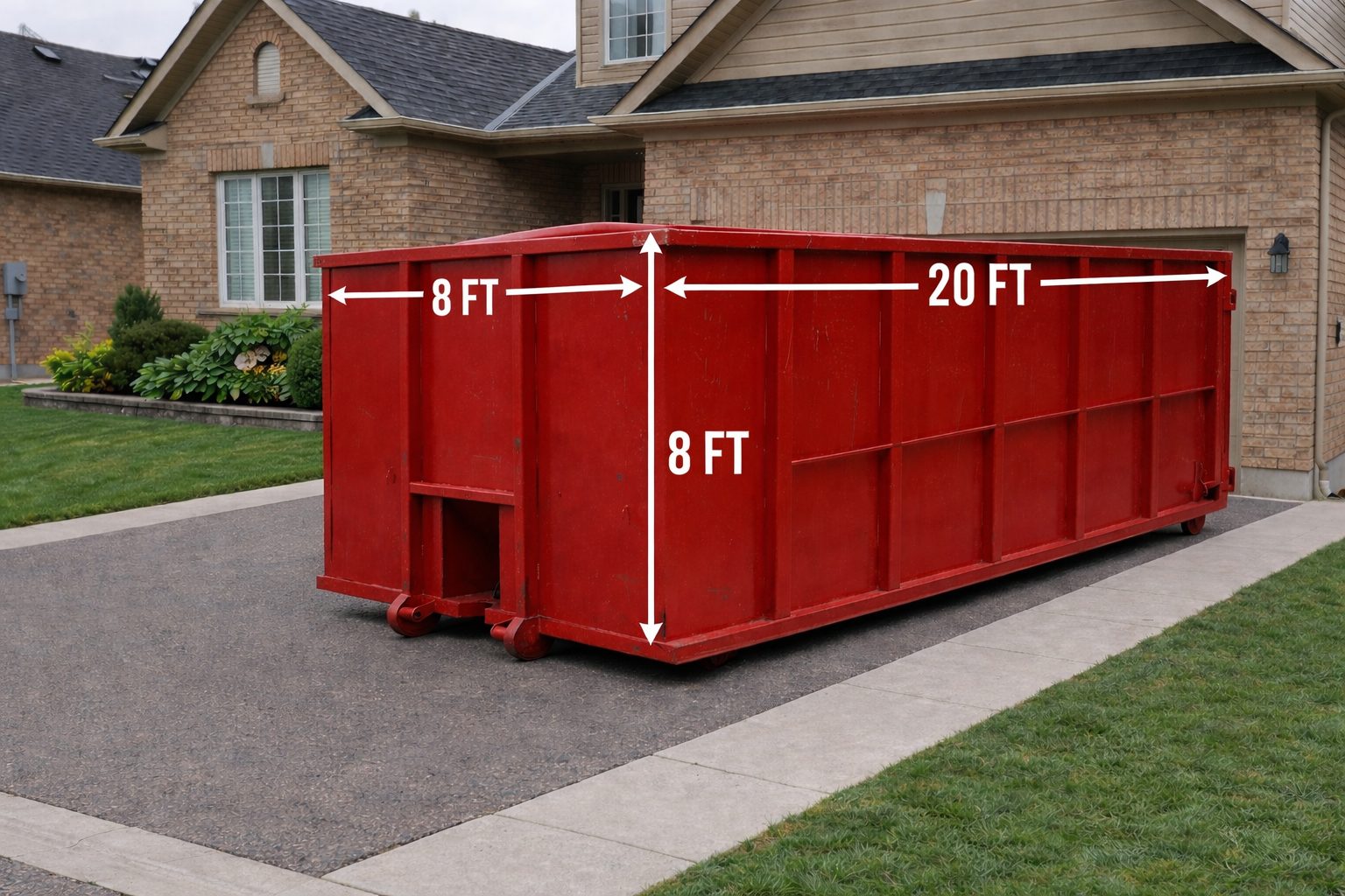 Image of a red Mr. Waste 40 yard roll-off bin sitting nicely along a driveway. The dimensions are clearly labelled on the bin at; 8ft wide, 20ft long, 8ft tall.