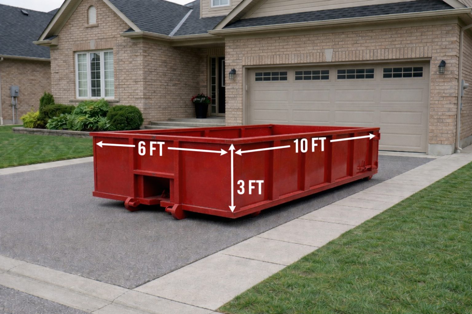 Image of a red Mr. Waste 6 yard roll-off bin sitting nicely along a driveway. The dimensions are clearly labelled on the bin at; 6ft wide, 10ft long, 3ft tall.