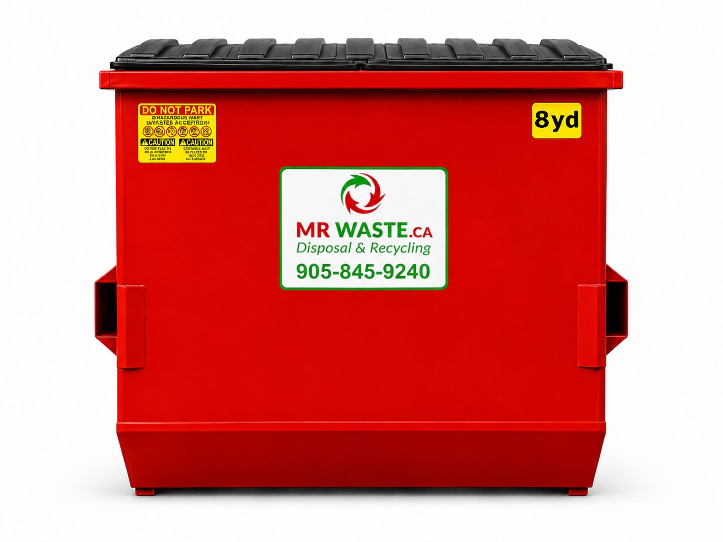 8 yard dumpster labeled with Mr. Waste branding.