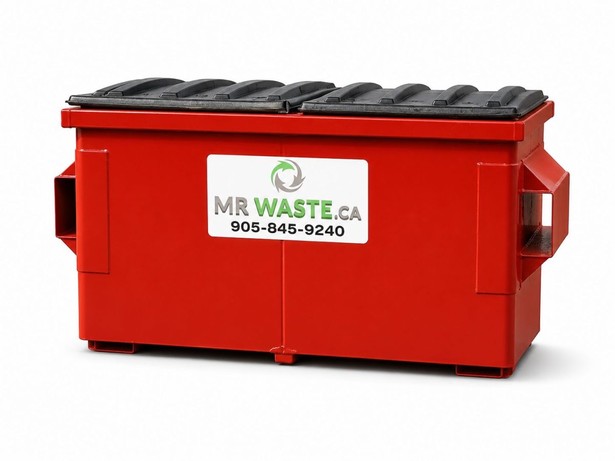 2 yard dumpster labeled with Mr. Waste branding.
