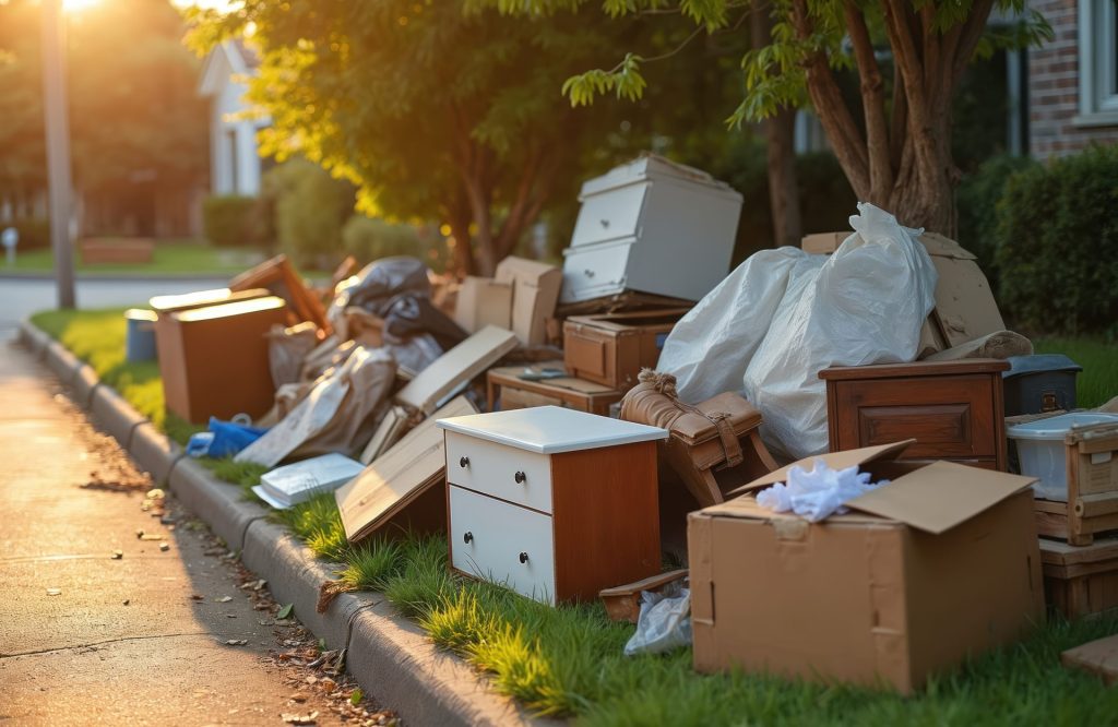 Discarded furniture, boxes, bags, and household items placed at the curb for junk removal.